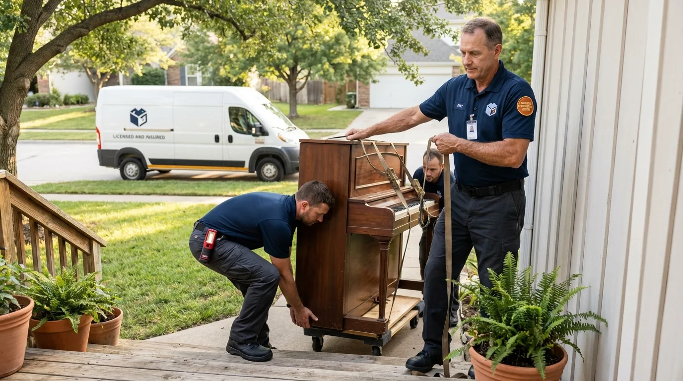 Licensed piano movers securing grand piano in Tolono, IL